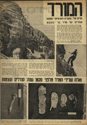 העולם הזה - גליון 919 - 25 במאי 1955 - עמוד 7 | הנודר מדע אל ״מערת האימים״ ומצאו אחרית ימי מרד בר ־ כוכבא חרון המורדים מנאמני בר־כוכבא גווע במערה. הרומאים ׳ 4קיפלו את אוהליהם והסתלקו׳ שמחים שנסתיימה מלחמה