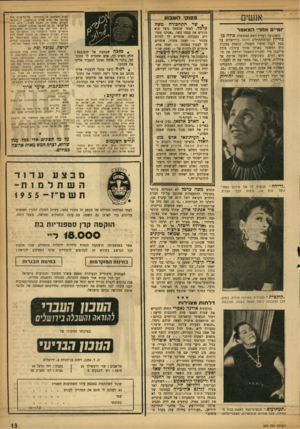 העולם הזה - גליון 943 - 10 בנובמבר 1955 - עמוד 13 | אנשים יומי אחר המאמר כשהגיעה רעיית ראש הממשלה פולה כן־ ג ו רי ץ לבית־החולים הדסה בירושלים על מנת לקבל טיפול חשמלי, הופסק במקרה זרם החשמל באותו איזור עירוני.