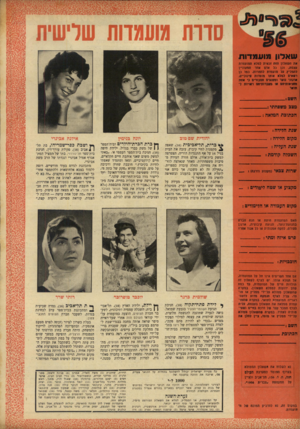 העולם הזה - גליון 955 - 2 בפברואר 1956 - עמוד 20 | את השאלון חזת זכאית למלא המועמדת עצמה, וכן כל אדם אחר המעוניין להמליץ. על מועמדת לתחרות. כסו כן רשאים למלא אותו מוסדות חינוכיים, ארגוני נוער ומחוגים הסבורים כי