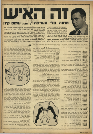 העולם הזה - גליון 956 - 9 בפברואר 1956 - עמוד 15 | מחזה בלי מ ערב ה / השבוע התקיימה כפאריס הצגת־כפורה של מחזה ישראלי. לא היה זה אחד המחזות שהקהל הישראלי ראה אותם על במותיו. הוא נכתב על־ידי עמום קינן ומבוסם