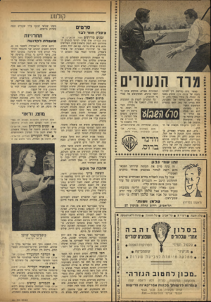העולם הזה - גליון 993 - 24 באוקטובר 1956 - עמוד 12 | קולנוע הנעווים כאשר ג׳ים (ג׳יימם דין הבלתי נשכח של קדמת עדן) מופיע בשכו נה ומגלה כי ג׳ודי (נטלי ווד< ,הנערה היפה ביותר של השכונה, היא נערתו של באז, ראש כנופיית